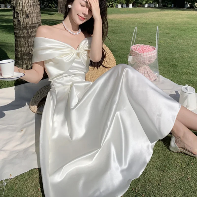 

French Satin off-Shoulder Birthday Formal Dress Long Dress Formal Can Be Worn at Ordinary Times Tube Top Bow Fairy Dress