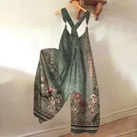 Autumn Women Floral Tribal Print Patchwork Wide Leg Jumpsuit Party Fashion O-Neck Overalls Lady Asymmetrical Jumpsuit Robe