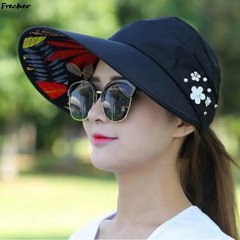 Sun Hat Summer Hats For Women Foldable Pearl Flower Visor Floppy Cap Female Outdoor Casual Baseball Cap