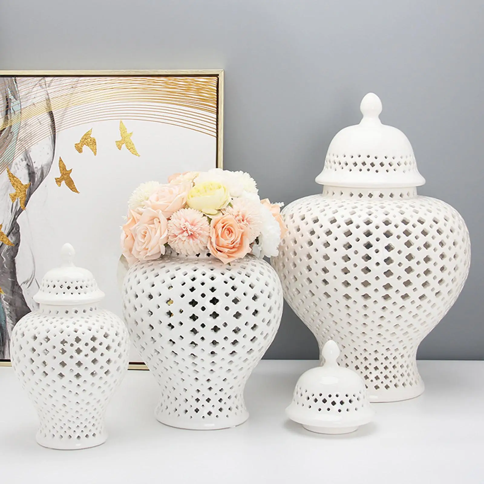 

Decor Home Handicraft Lattice Carved Storage Retro Temple Jar For Universal Ceramic Painted Ginger Hand