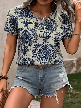 Plus Size Navy Blue Printed Loose V-Neck Short Sleeve Casual Shirt Blouse Top Women Commuter Casual Home 1