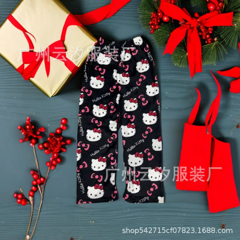 Sanrio Hello Kitty Christmas Flannel Fashion Halloween Pajamas Trouserswomen Cartoon Warm Loose Women Kawaii Home Leisure Pant 2