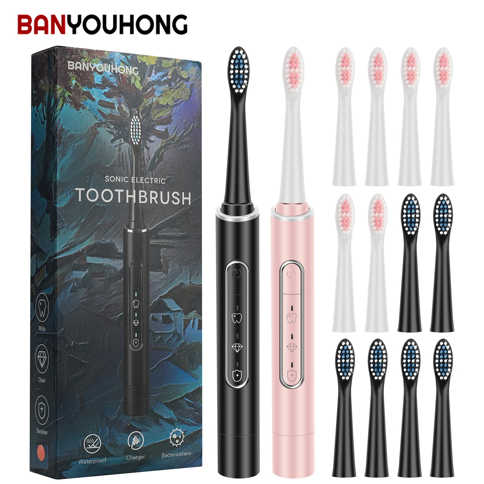 

BANYOUHONG Electric Sonic Toothbrush USB Charge Rechargeable Adult Waterproof Electronic Tooth 6 Brushes Replacement Heads BT01