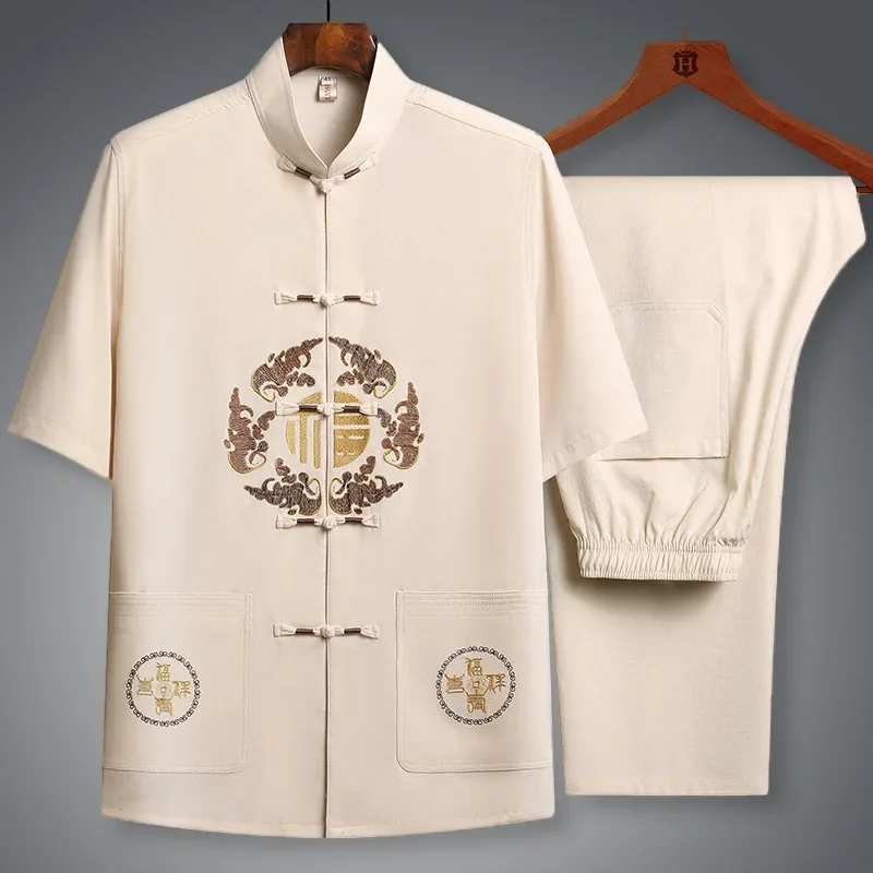 Chinese Traditional Tang Clothing Kung Fu Suit Fashion Casual Embroidery T-shirt Pants Wing Chun Tai Chi Comfortable Men Set