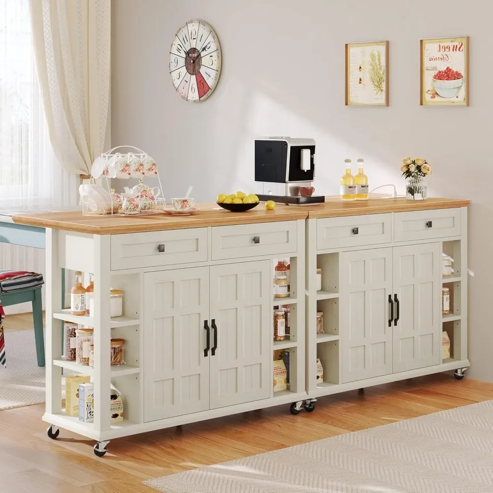 Rolling Kitchen Cart on Wheels Americana Kitchen Island Cabinet with Open Shelves Thicker Rubberwood Top Kitchen