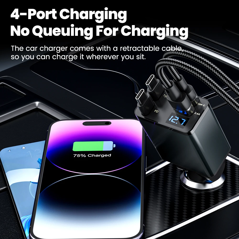 Elough 4 في 1 75 واط شاحن سيارة مع قابل للسحب نوع...