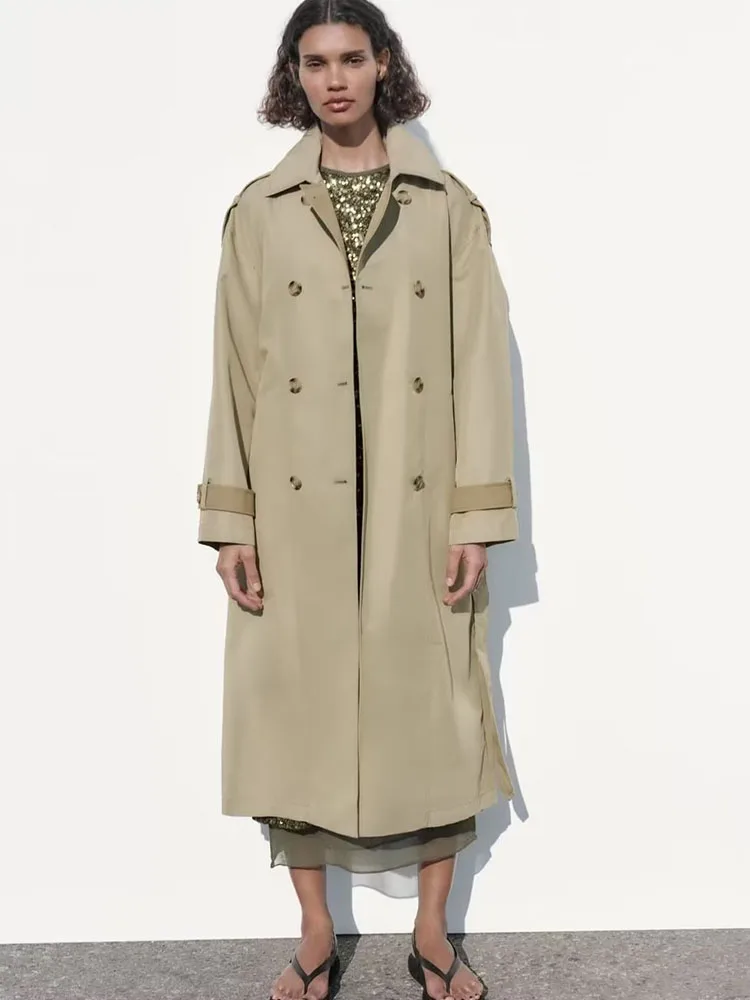 

2023 autumn and winter fashion new women's long-sleeved lapel belted double-breasted buckle contrasting color windbreaker