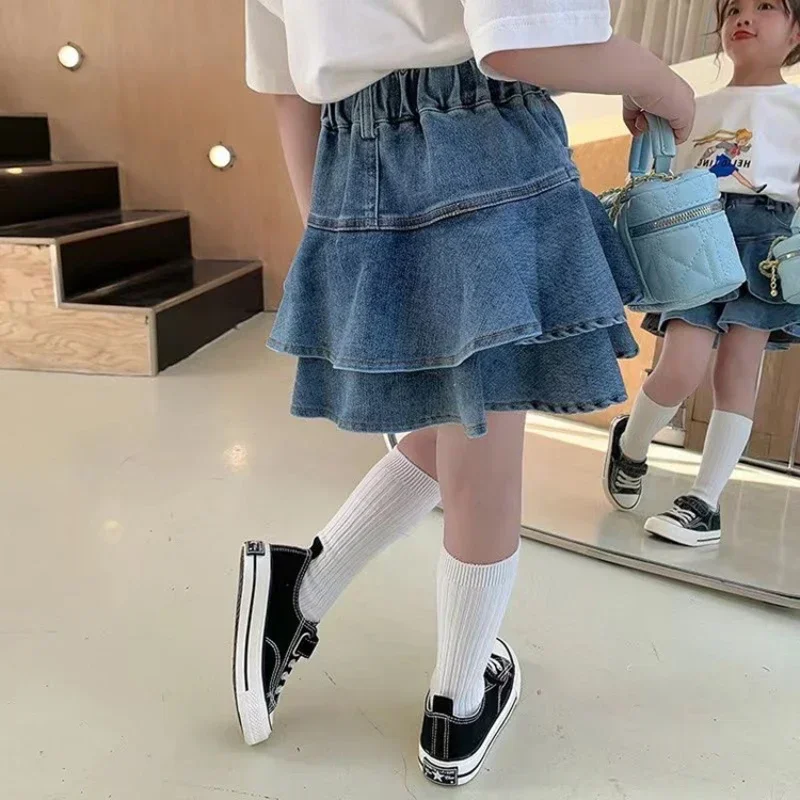 미니 플레어 플리츠 스커트, 데님 짧은 스커트, 반바지 안감, 작은 소녀 데님 스커트