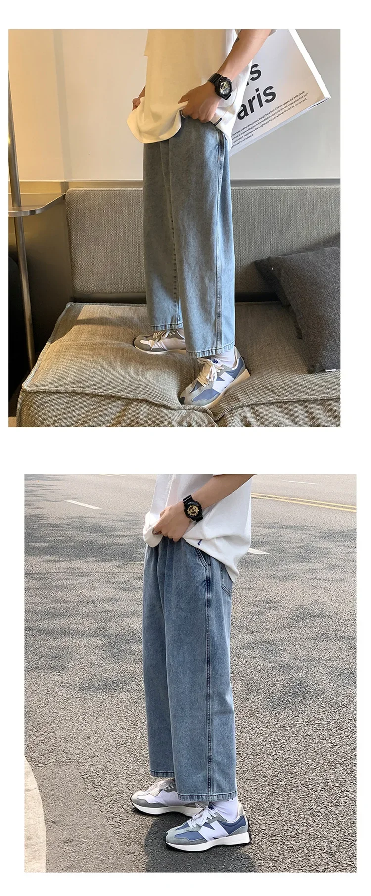 Description Picture 6 of itemVintage Lightweight Elastic Waist Jeans For Men Casual Loose Fit Straight Leg Cropped Pants Summer Season Thin Style