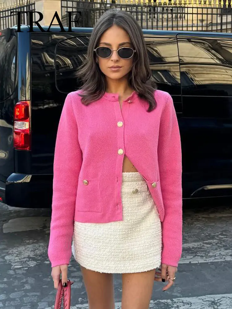 

TRAF 2024 Women's Cardigan Knitted Pink Round Neck Metal Button Long Sleeve Sweater Female Chic Pockets Woman Coat Top Outerwear