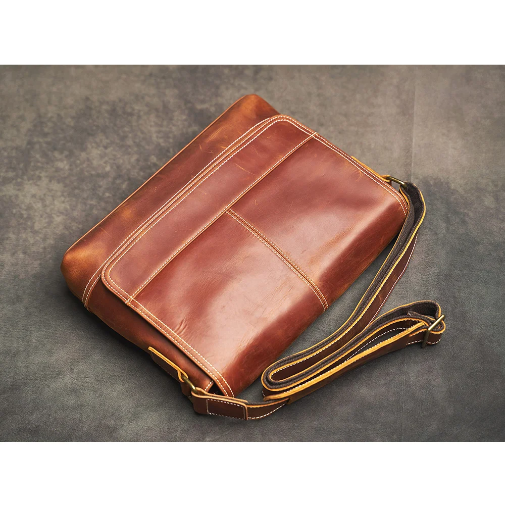 Genuine Leather Vintage Men's Shoulder Bag Casual Classic Crossbody High Capacity Trend Messenger For 10.5 Inch Ipad