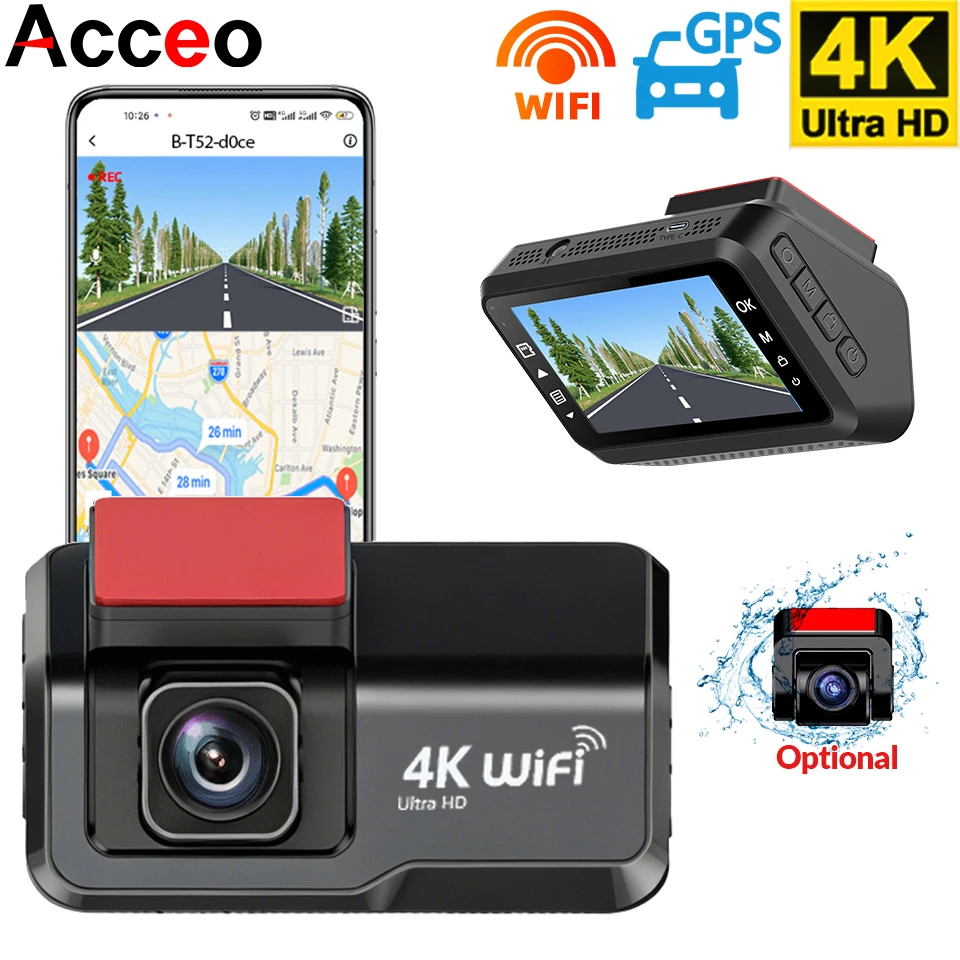 4K WIFI GPS 블랙박스 미니 차량용 DVR 전후방 듀얼 렌즈 1080P 주차 모니터링 야간 시야 기능 탑재