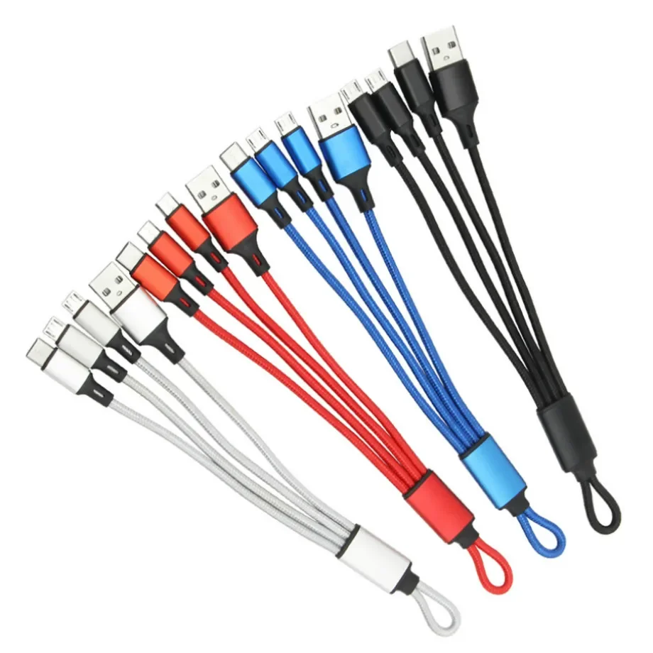 아이폰용 짧은 3 in 1 USB 케이블, 삼성 안드로이드 휴대폰, 나일론 마이크로 USB C 타입 멀티 키체인 라인 충전 코드 와이어