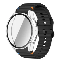 Deluxe Silicone Band with Tempered Glass Protector & Case for Galaxy Watch 7 44mm (Black transparent)