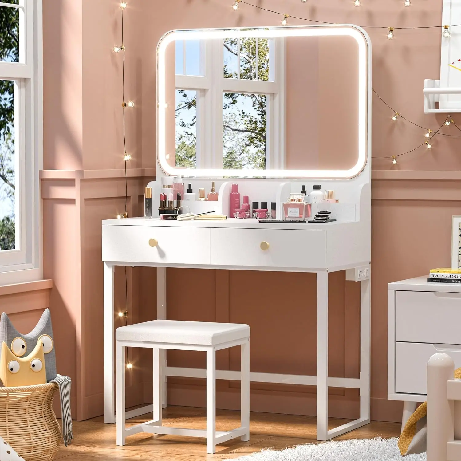 

White Vanity Desk with Mirror and Lights, Small Makeup Vanity Desk with Drawers & Chair & Power Outlet, LED Vanity Tabl