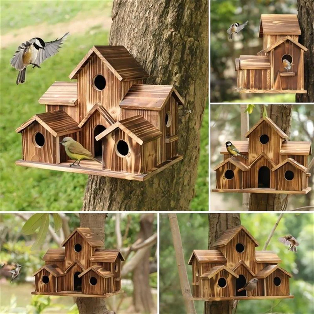 

Wooden Bird House 6 Hole Handmade Natural Bird House for Outside Backyard Courtyard Patio Decor