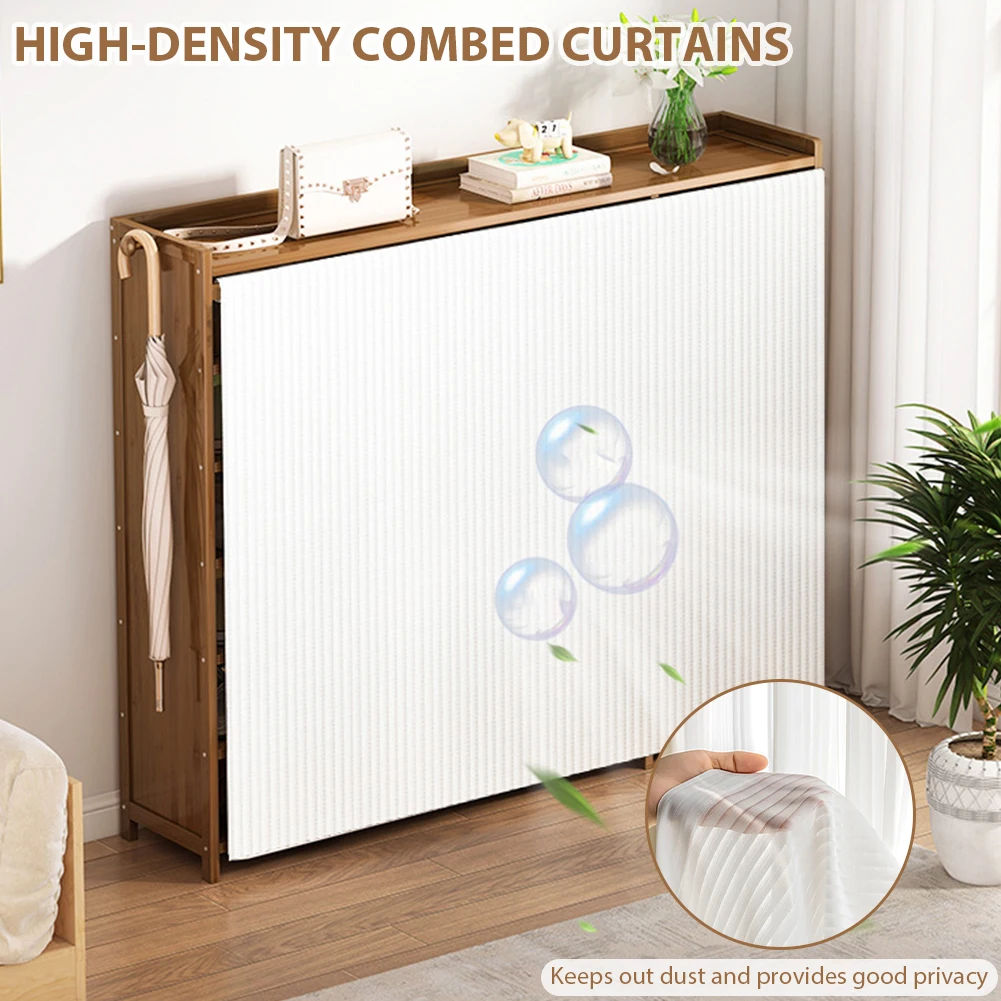 6-Tier Storage Shelves with White Gauze Curtain Wooden Shoe Organizer Dustproof Racks for Entryway Living Room Hallway Doorway