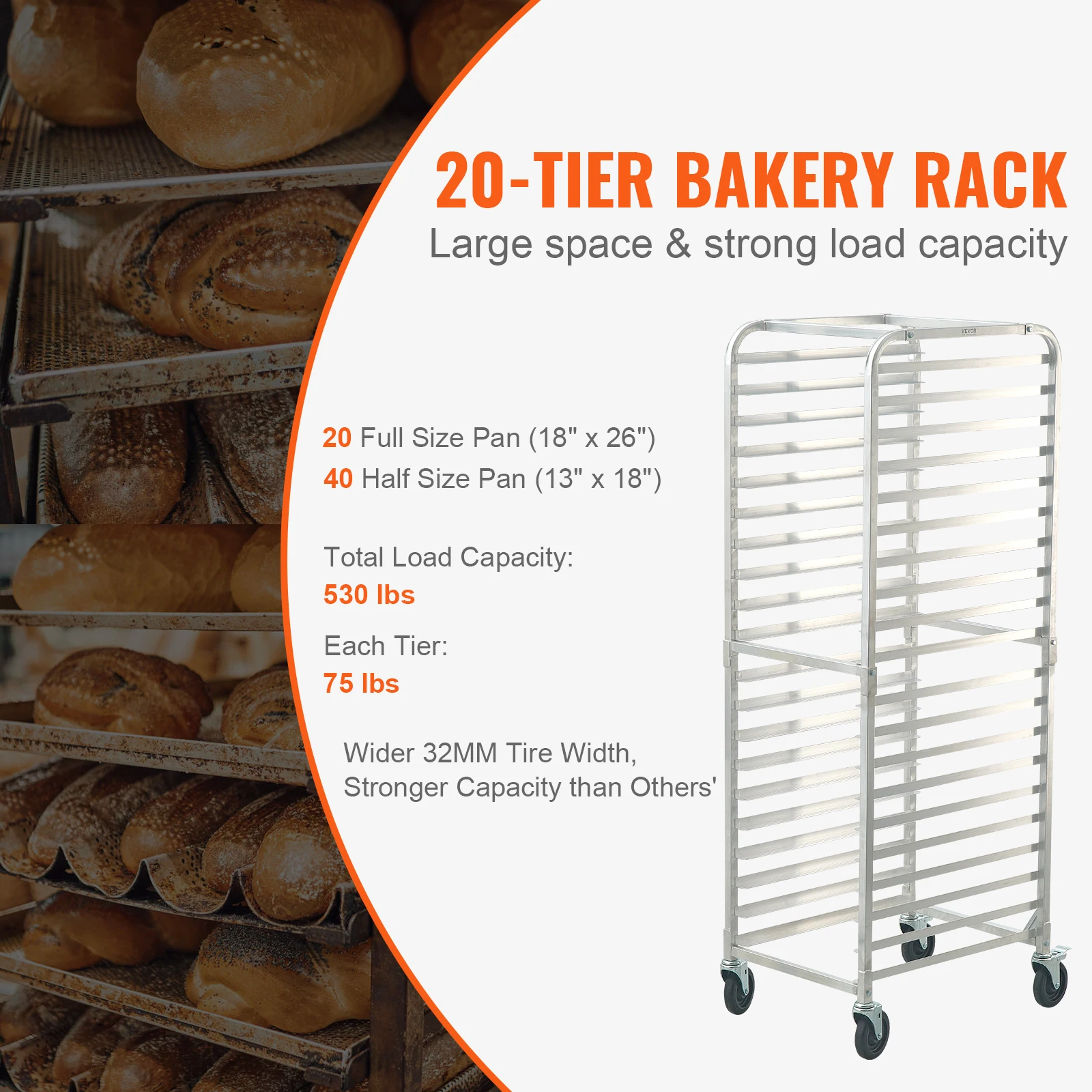 SucceBuy 10/20 Sheet Bun Pan Rack Commercial Bakery Racks with Brake Wheels Aluminum Racking Trolley Storage for Bread Baking 3