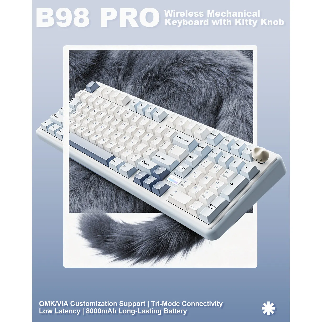 YUNZII B98 PRO QMK/VIA 98% 트라이 모드 무선 기계식 키보드 가스켓 마운트 8000mAh 배터리 핫스왑 가능 PBT 키캡 RGB