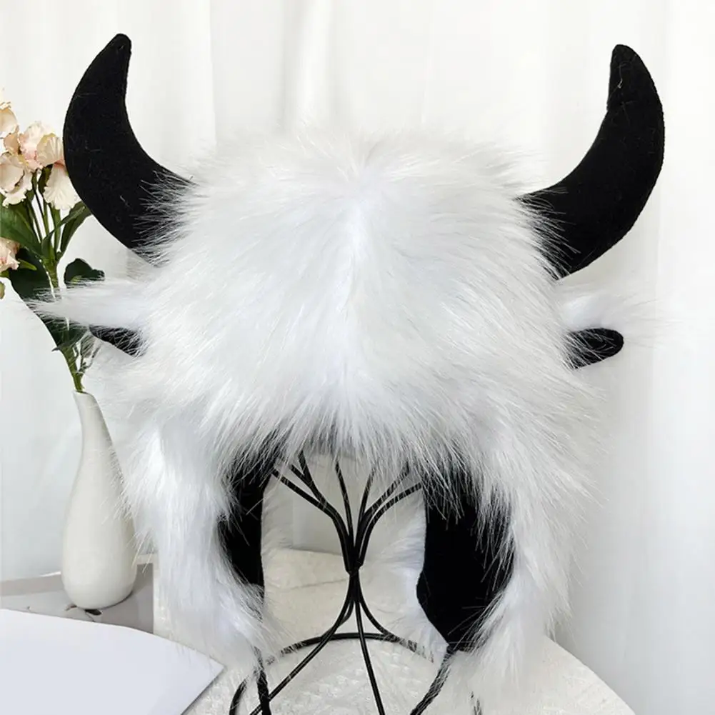 Faux Fur Hat 1Pc Fluffy Windproof Thermal Thunderbolt Balaclava Cow Horn Decor Winter Hat