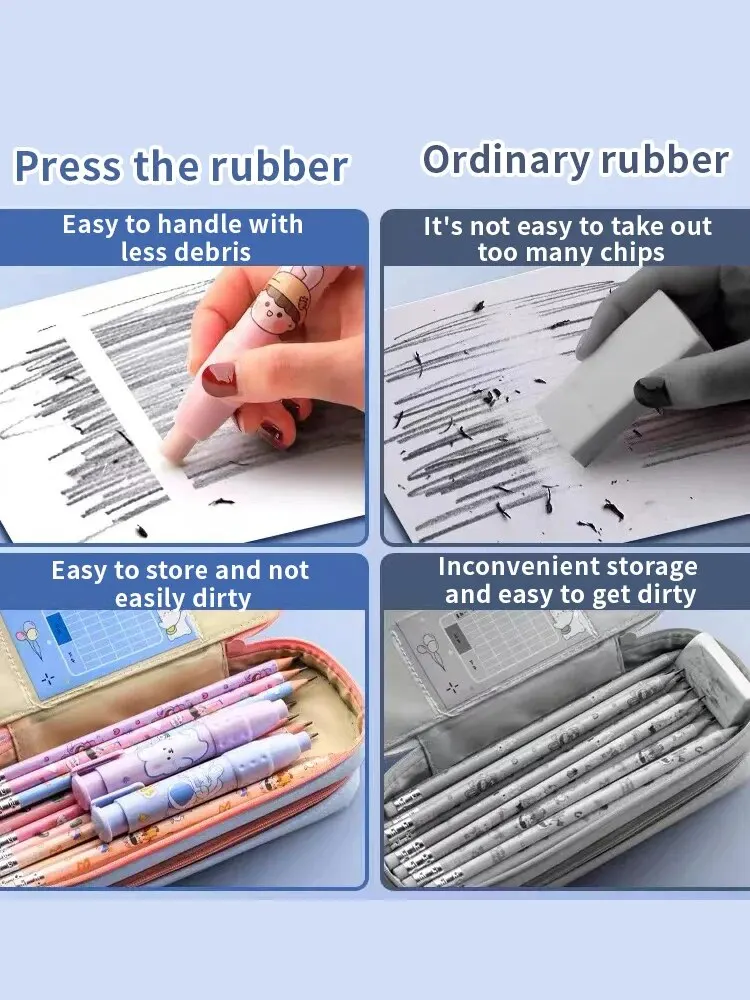 Student Push Pull Telescopic Eraser Writing Office Supplies Cartoon Cute 1 Rubber Shell+2 Rubber Fillers pencil eraser