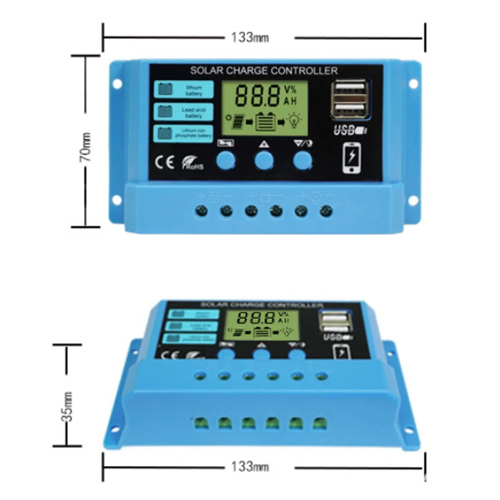10A 20A 30A Blue PWM Solar Charger Controller 12V 24V Panel Charger Regulator Lifepo4 Lithium Battery 500W Battery Charger Solar Panel Voltage Controller