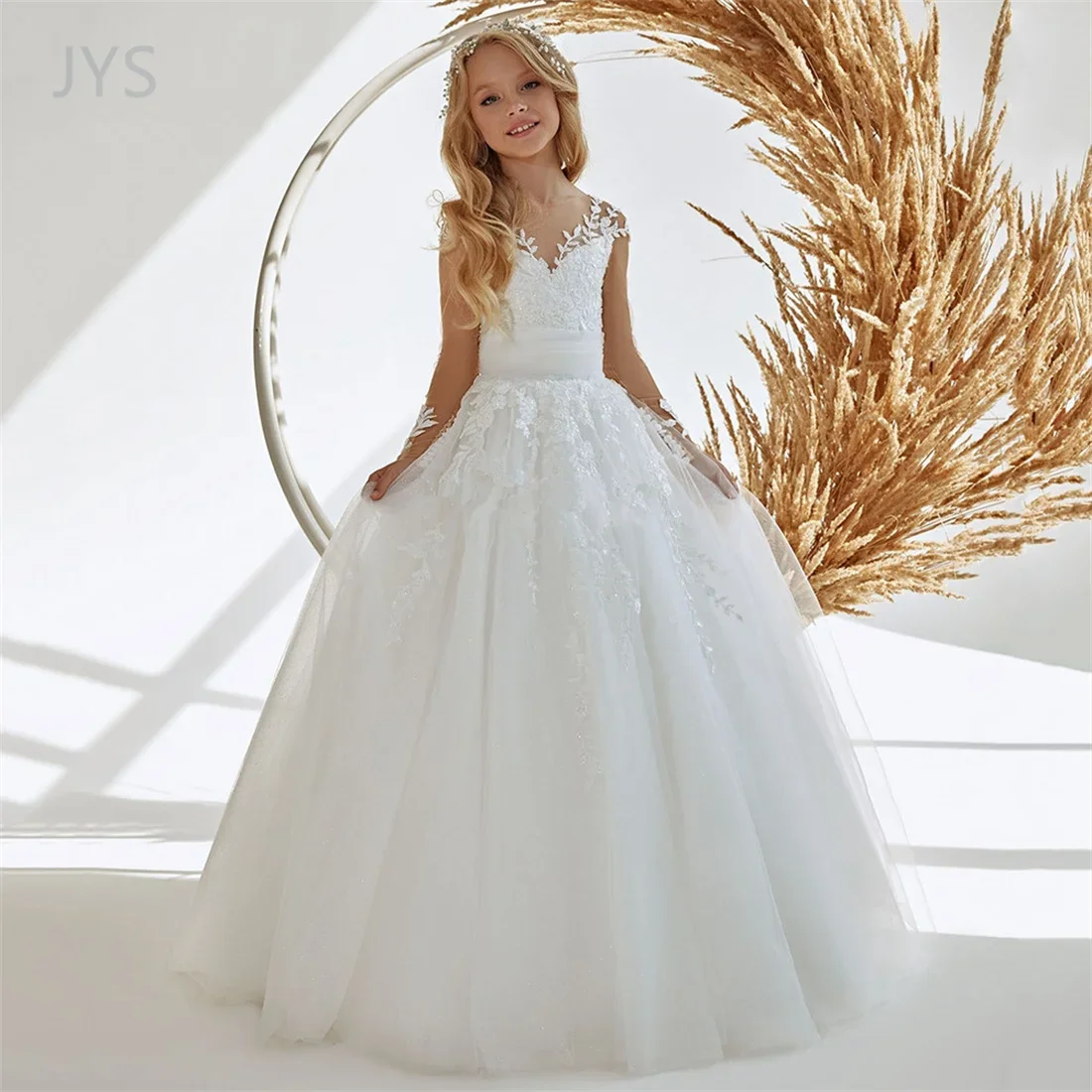 

Lace Appliques Sleeveless Flower Girl Dresses For Wedding Princess Backless Kids Pageant First Communion Gown