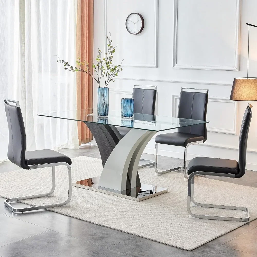 63 Inch Dining Table and Chairs dining table chair combination, Modern Dining Table with 4 Leather Chairs, Tempered Glass Top, Glass Dinings Tables Set