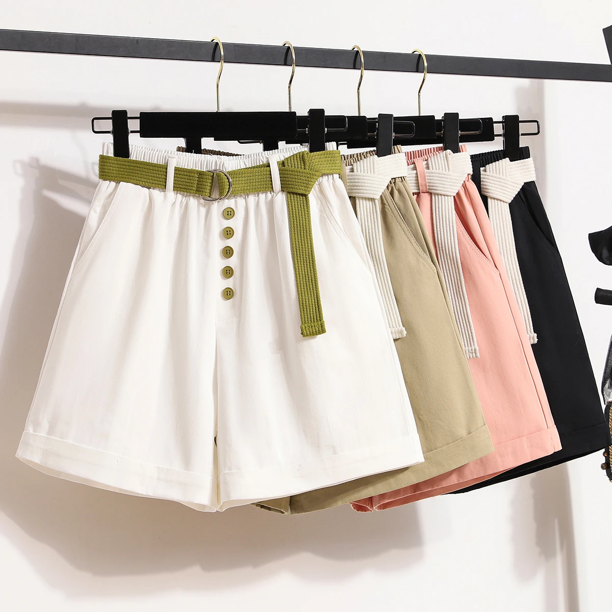 

Summer Shorts All-match 4 Solid Color Sashes Casual Shorts Women A-line High Waist Slim Short Femme Chic S-XXL Ladies Bottom