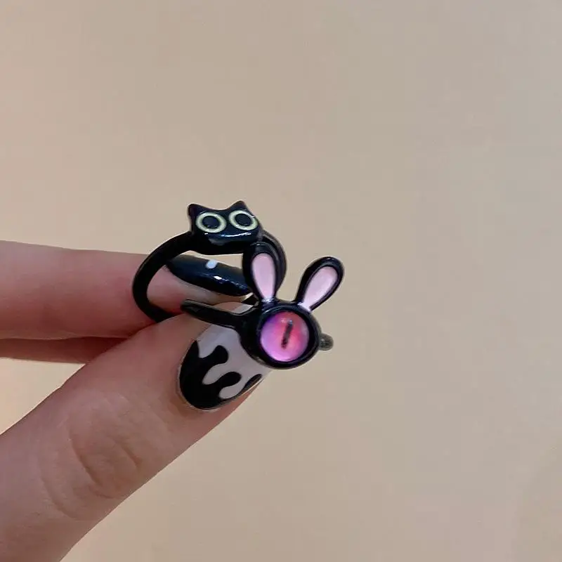2025 Fashion Style Funny punk style black cat for women, fashionable and cute long couple convertible ring, artificial ring_voghion.com