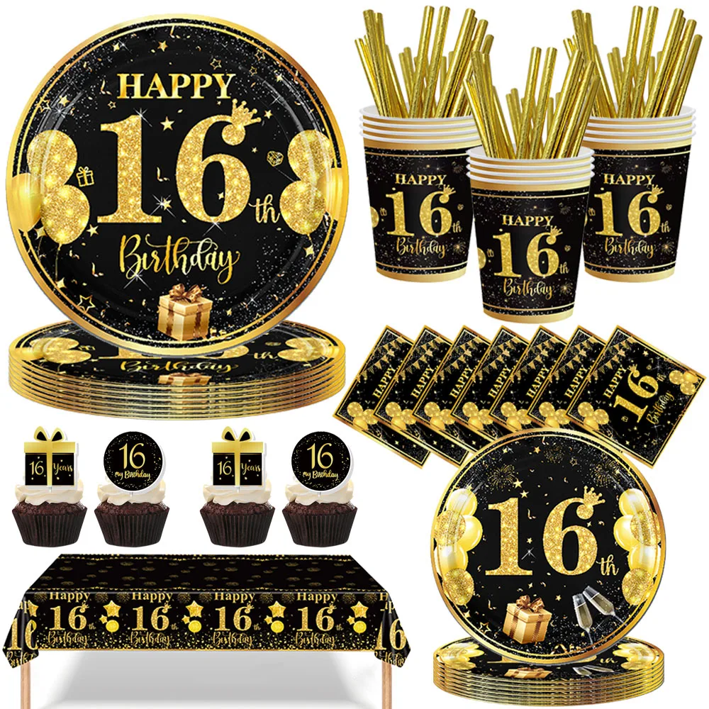 Happy 16th Birthday Decorations 16 Years Old Birthday Party Tableware Plates Napkins Black Gold 16th Birthday Party Supplies
