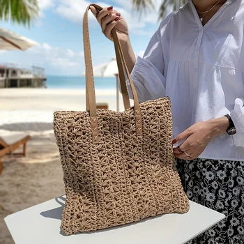 Borsa a tracolla da donna estiva in paglia di grande capacità Borsa a tracolla da donna da spiaggia per le vacanze Borse stile bohémien per le donne