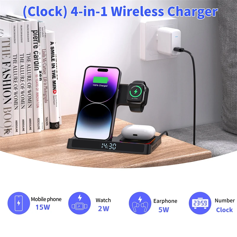 4 in 1 Foldable Wireless Charger Stand For IPhone 14 13 12 11 Samsung Apple Watch Airpods Pro iWatch Fast Charging Dock Station