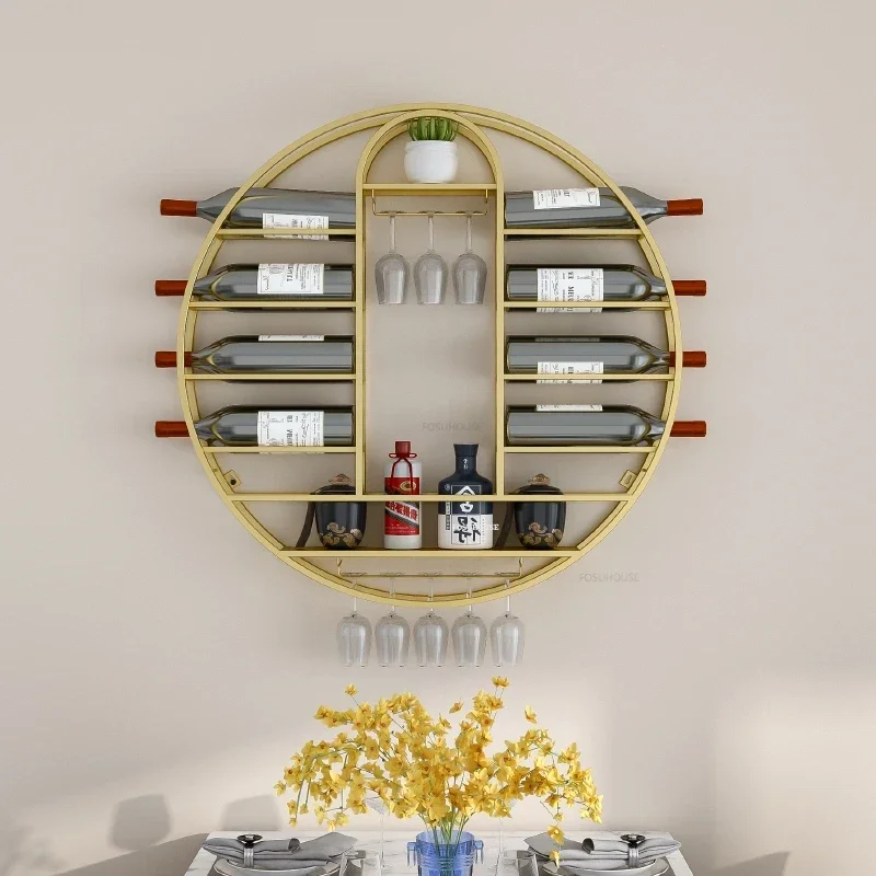Nordic Round Wall-mounted Wine Rack Home Storage Rack with Wine Glass Holder Modern Bar Furniture Luxury Gold Iron Cabinets