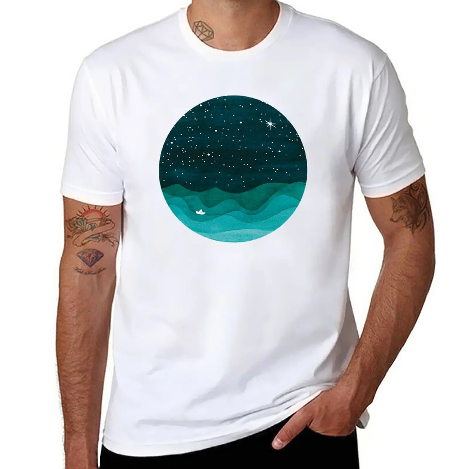 

New Starry Ocean, teal sailboat watercolor sea waves night T-Shirt t-shirts man man clothes T-shirt short clothes for men