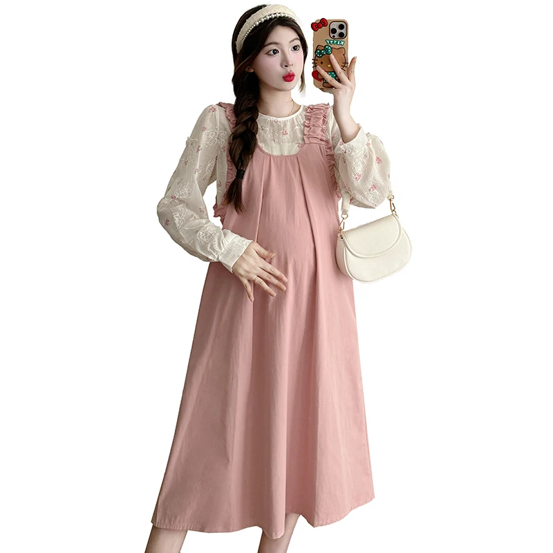 Korean Style Maternity Clothes Set for Autumn Long Sleeve Floral Shirts Solid Color Sundress Twinset Fashion Pregnant Woman Suit