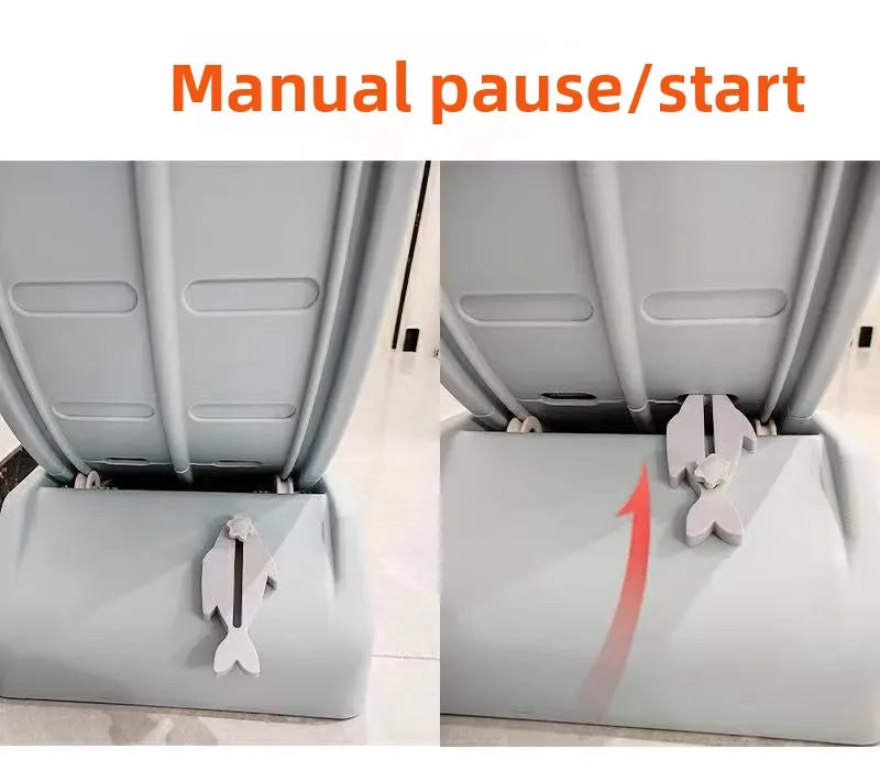 A split-view image demonstrating the manual pause and start locking mechanism. A light gray, fish-shaped lever on the base can be slid upward into a slot on the wheel to lock it in place or downward to allow it to spin freely.