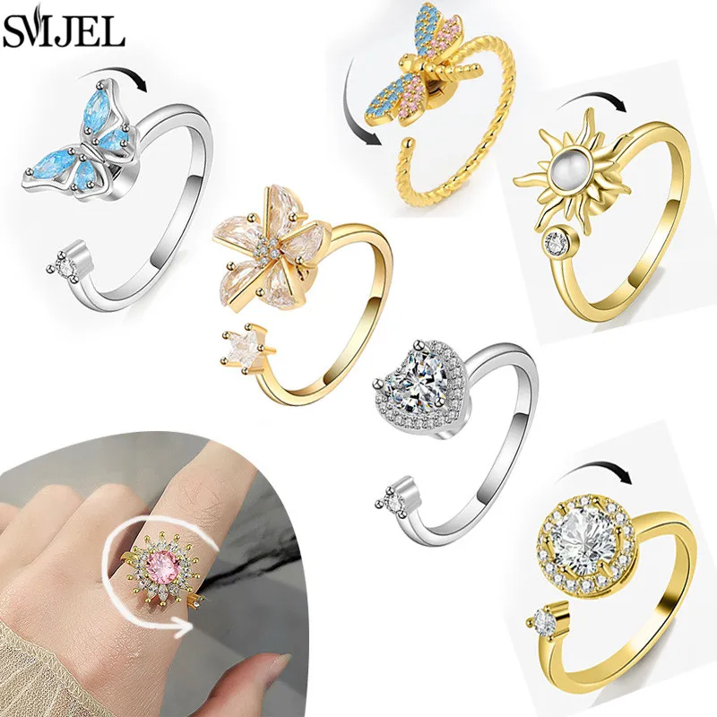 SMJEL 럭셔리 불안 방지 편안한 여성 반지, 크리스탈 꽃 잠자리 나비 반지, 회전 피젯 스피너 링, 소녀 웨딩 