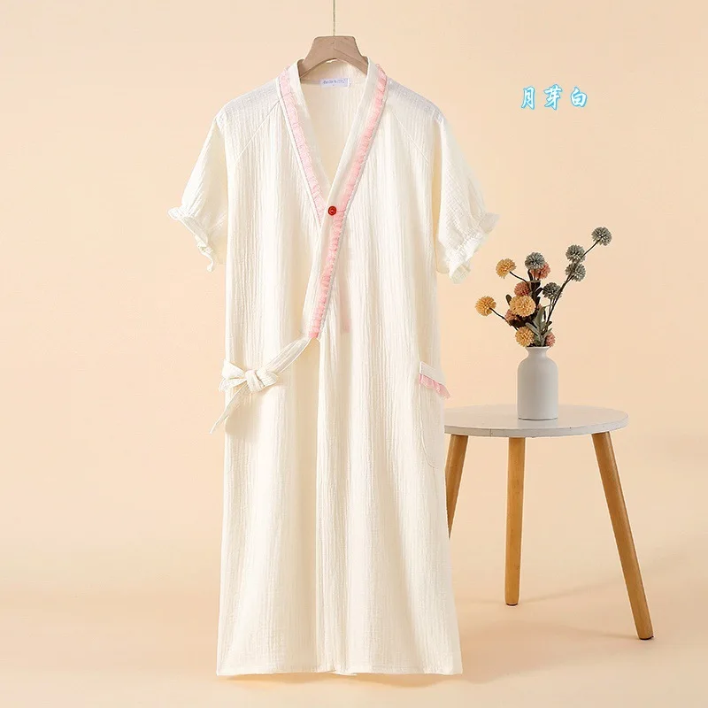 Short Sleeve Kimono Sleeping Robe Lace Color Blocked Strap Up Bathrobe Homewear Cute Sweat Steaming Women Clothing