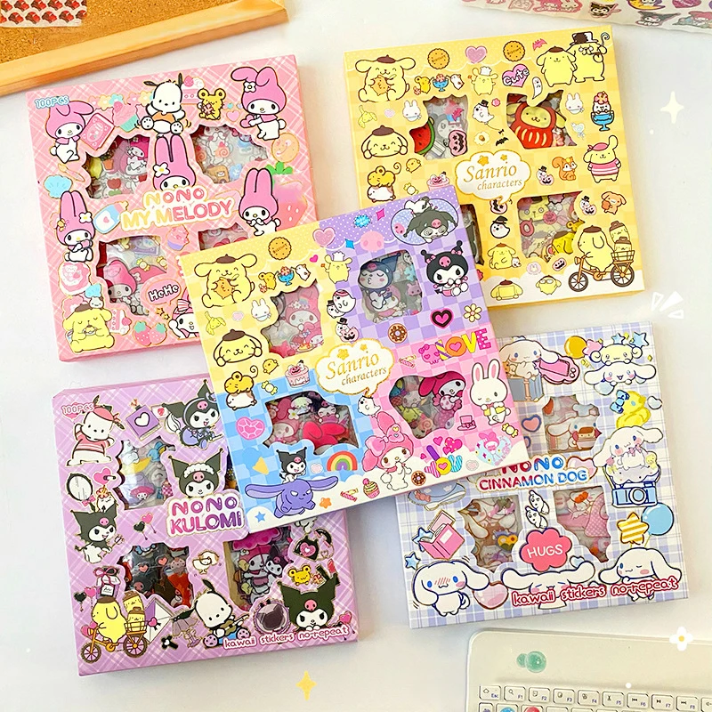 

100 шт. Sanrio Kuromi Melody Cinnamoroll PET прозрачная Водонепроницаемая наклейка мультфильм «сделай сам»