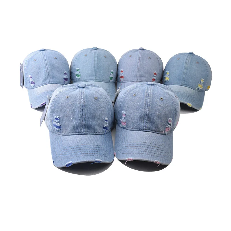 Couples baseball cap Korean version Sun hat Hole Spring Autumn Wash denim Woman's hat Hip Hop Fitted