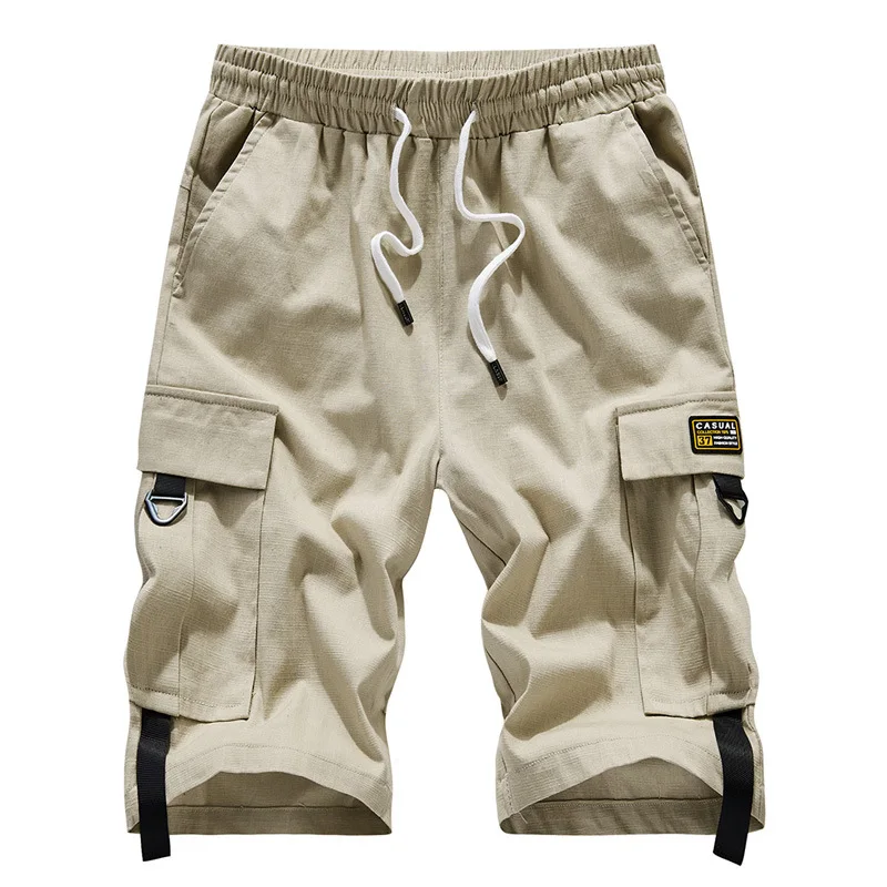 

Men's Large Size Shorts Streetwear Black 2023 Summer Cotton Side Pocket Breeches Male Elastic Waist Band Casual Cargo Shorts Men