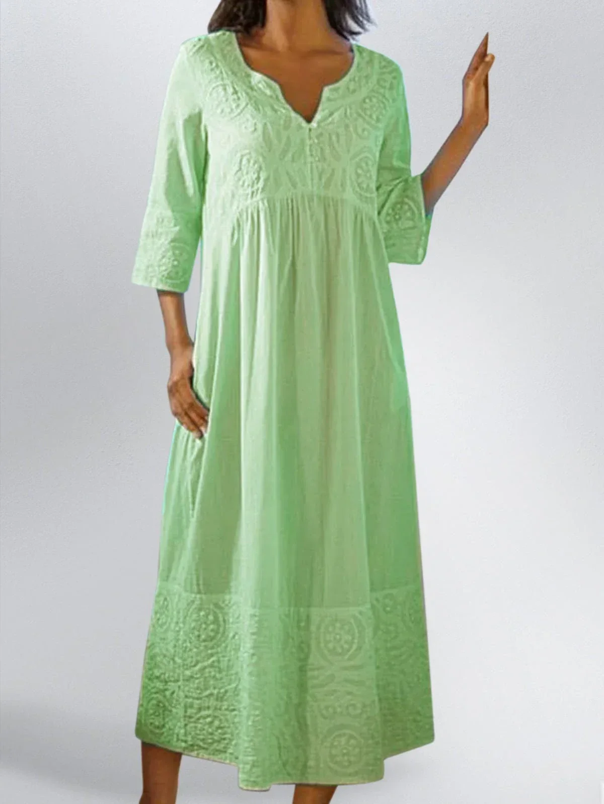 thumbnail image 1 of Vestido recto de talla grande para mujer, de media manga, plisado, informal, con escote en V, estilo bohemio, de lino, para playa, para verano, 2024, 1 of 5