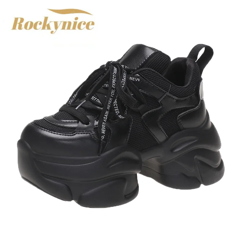 2023 Women Spring Breathable Mesh Chunky Sneakers 8CM Heels High Platform Wedge White Dad Shoes Autumn Thick Heel Sport Sneakers