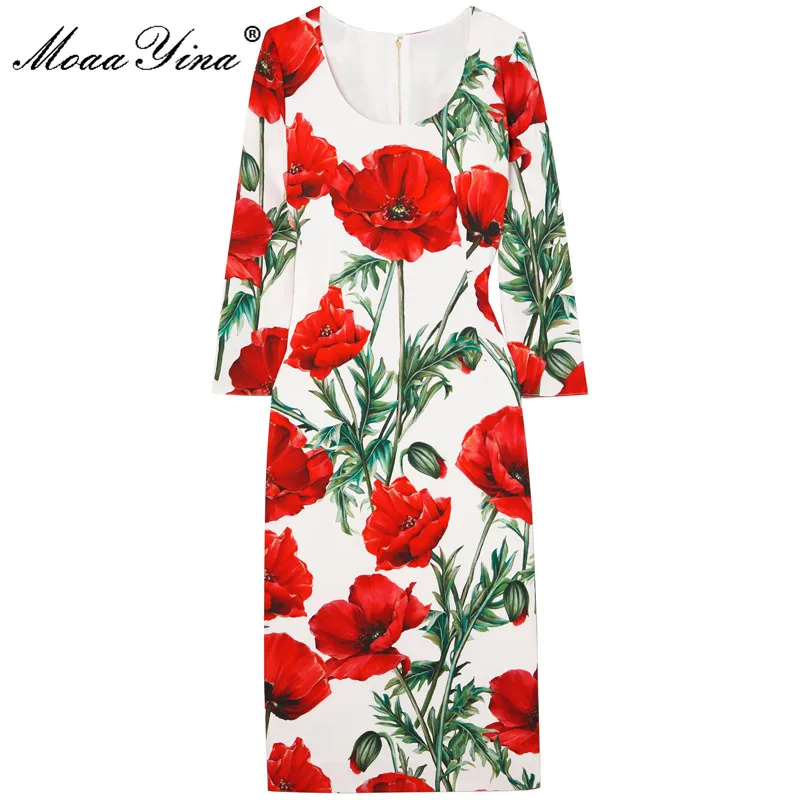 

MoaaYina Fashion Runway dress Summer Women Dress 3/4 sleeve Flower Print Slim Party Vintage Silk Dresses