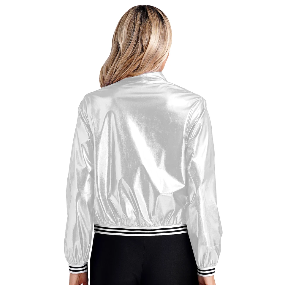 Giacca bomber da donna holografica metallizzata lucida da discoteca, cerniera frontale, fascia a righe, capispalla, cappotto da baseball, casual streetwear  200000345