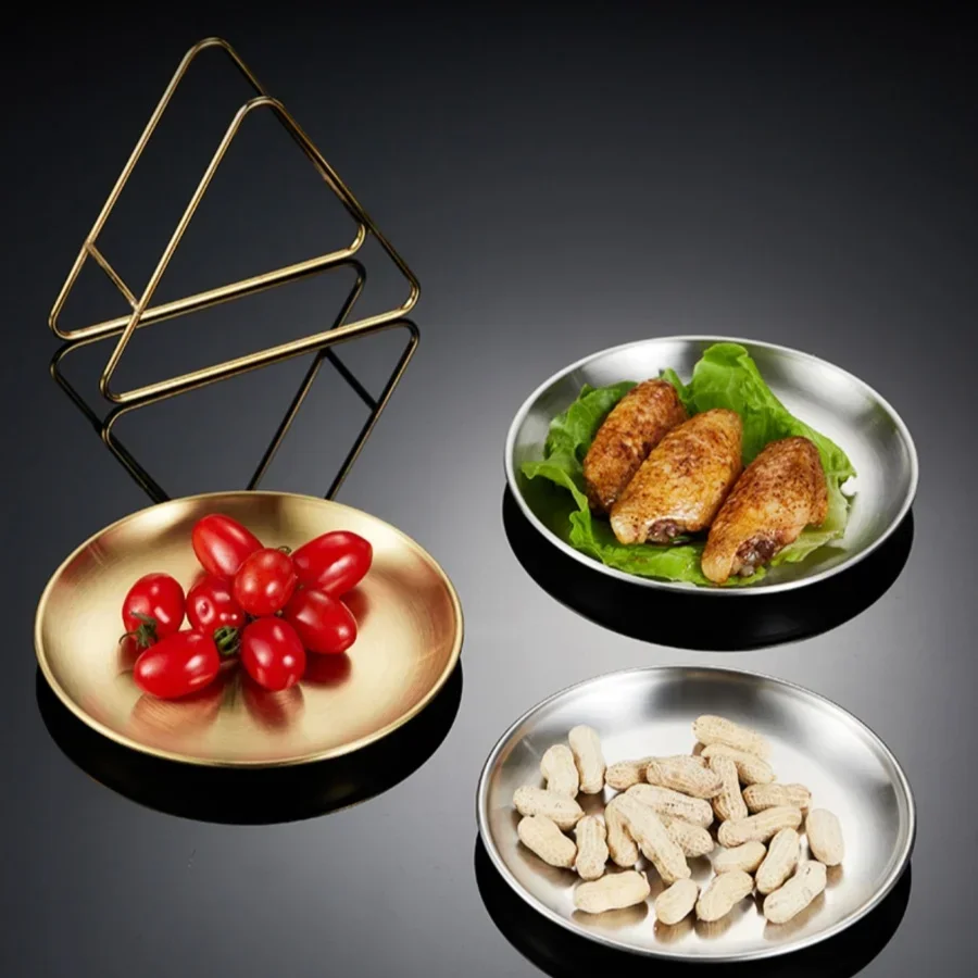 6pcs plates with storage rack Stainless steel restaurant snack plate Cake fries plate Gold tray