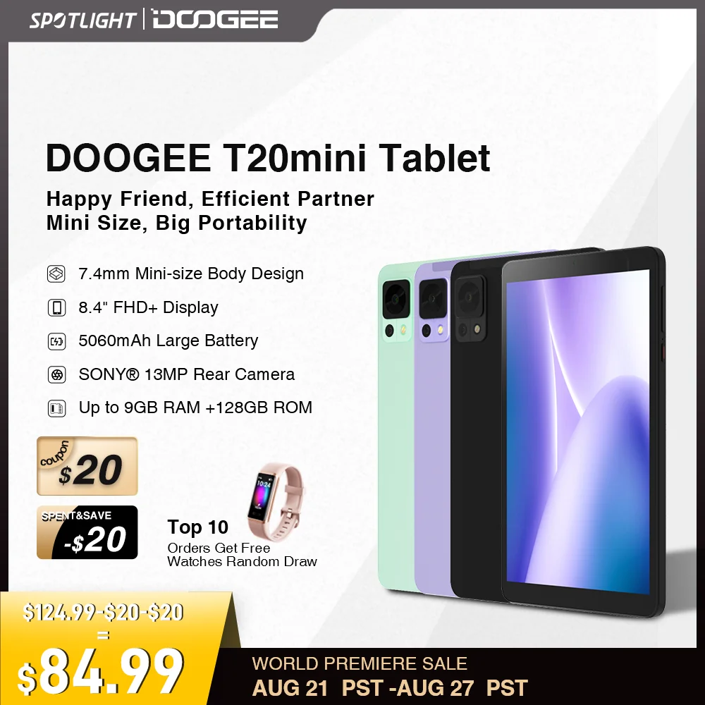  DOOGEE T20mini Tablet 8.4" FHD TÜV SÜD Certified Display 4GB+128GB 7.4mm Mini Body 13MP Rear Camera 5060mAh Battery Widevine L1 