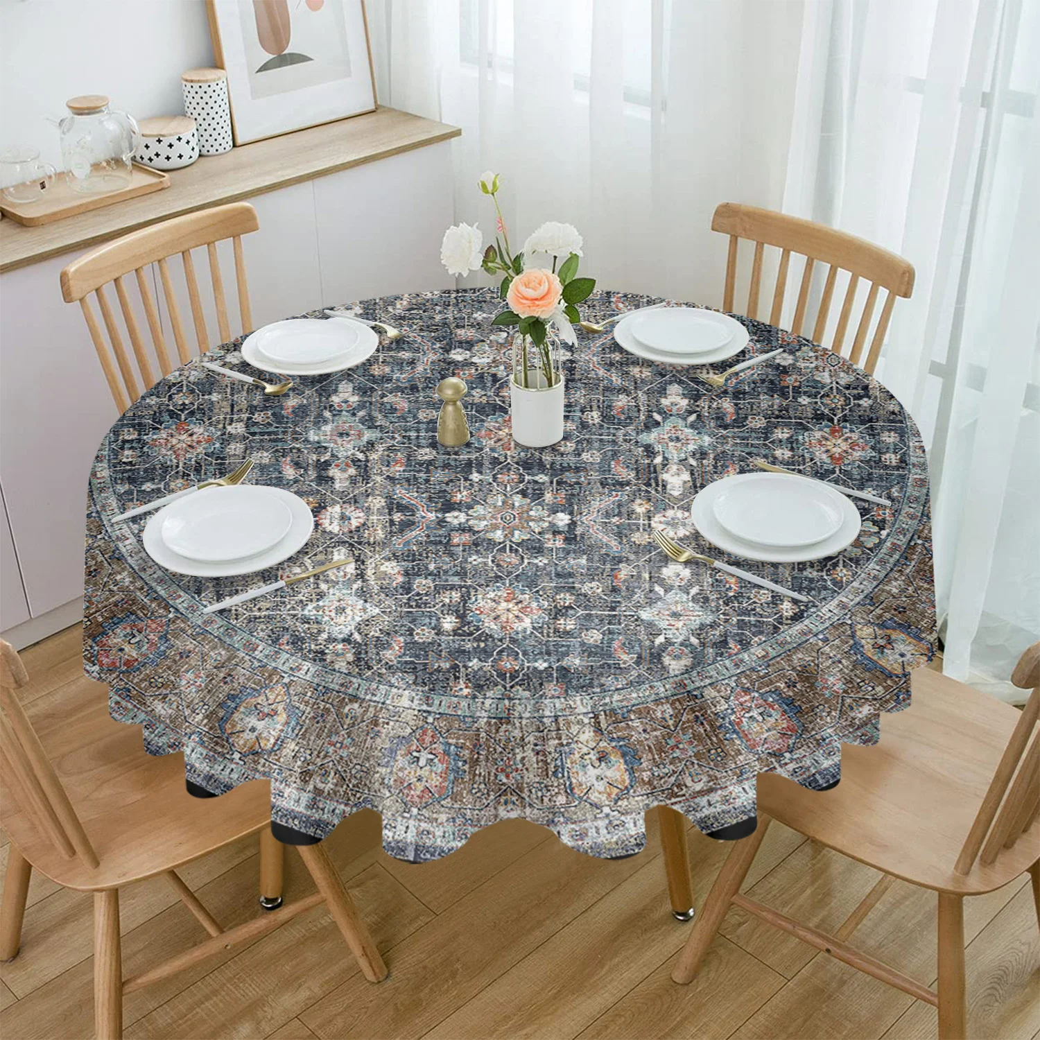 

Flower Boho Vintage Carpet Round Tablecloth Waterproof Wedding Party Table Cover Holiday Dining Table Tablecloth