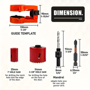 Wood Door Lock Installation Kit With Guide Template, 2-1/8" - 1" Door Lock Hole Saw With 2 Pc Hexagon Screwdriver Bit, Carbon 2
